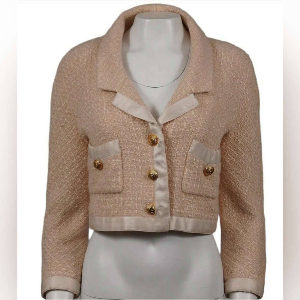 CHANEL Beige Cropped Blazer with Gold Buttons